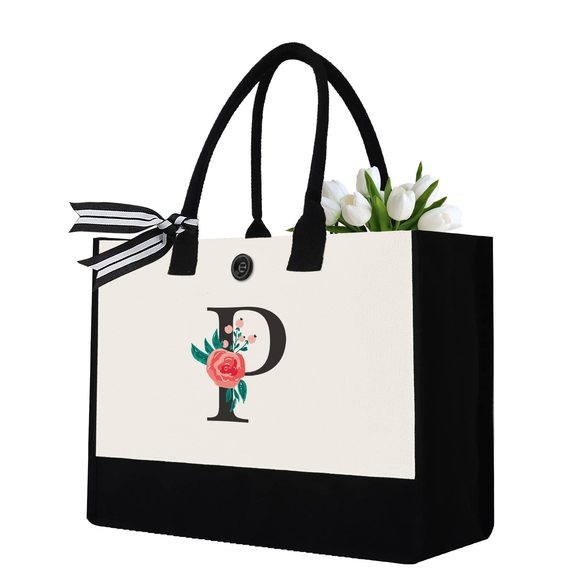 Initial Canvas Tote Bag, Personalized Birthday Gifts Mom Friends xD - Picture 1 of 8